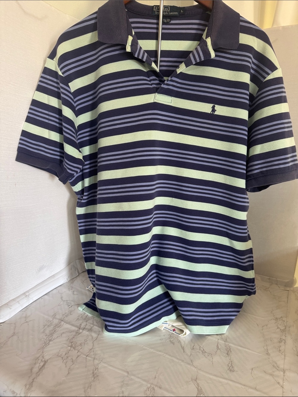 Ralph Lauren Navy and Light Green Striped Polo Shirt